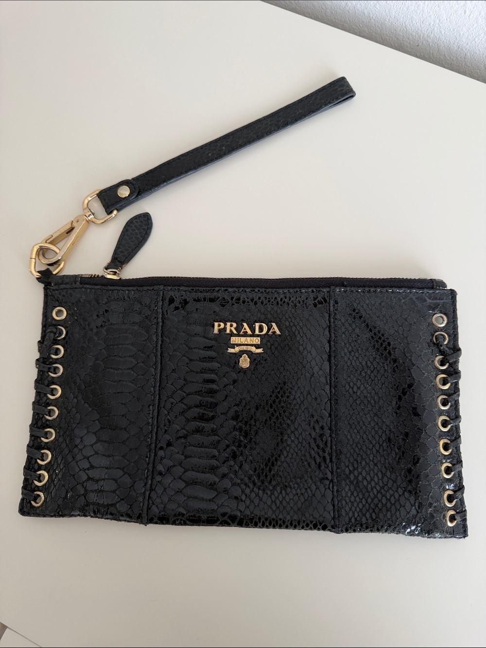 Prada Black Python-Embossed Wristlet Clutch with Gold Hardware